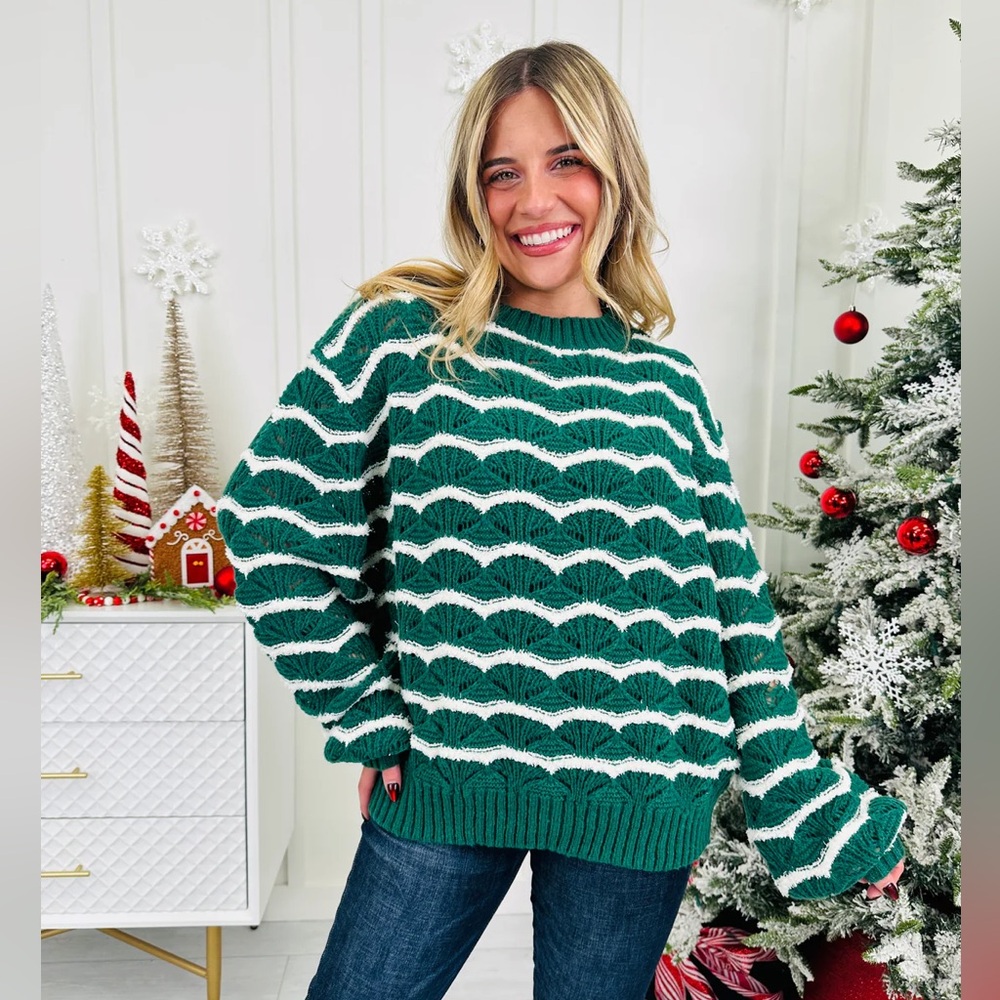🆕 Green & White Stripes Lightweight Breathable Relaxed Fit Knit Sweater